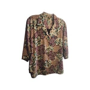 Notations Button Front Boho Floral Paisley Blouse With Attached Tank 1X